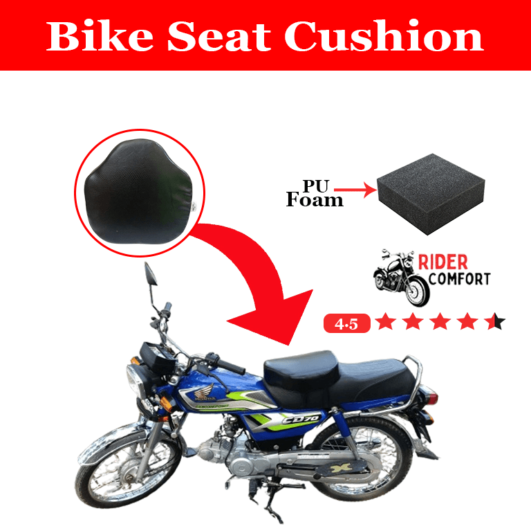 Motorcycle with bike seat cushion and Rider Comfort branding, featuring PU foam.