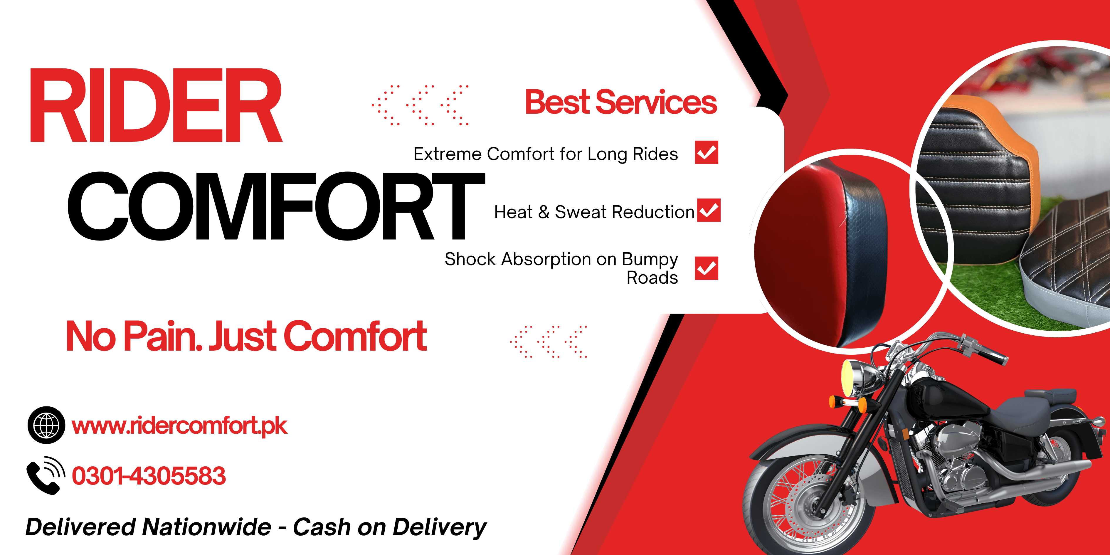 Advertisement for Rider Comfort with motorcycle and text on a red and white background