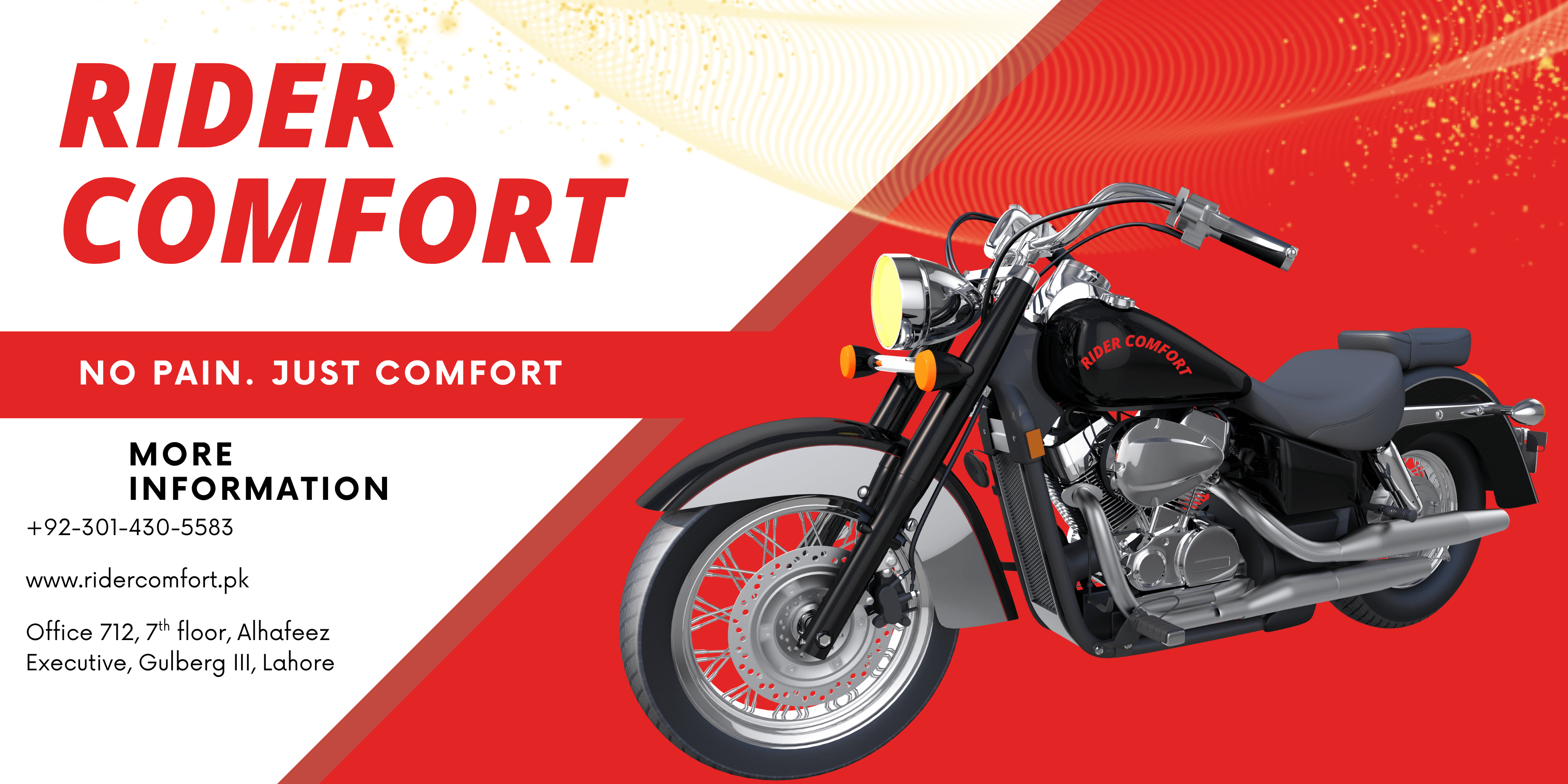 Motorcycle on a red and white background with text about rider comfort.